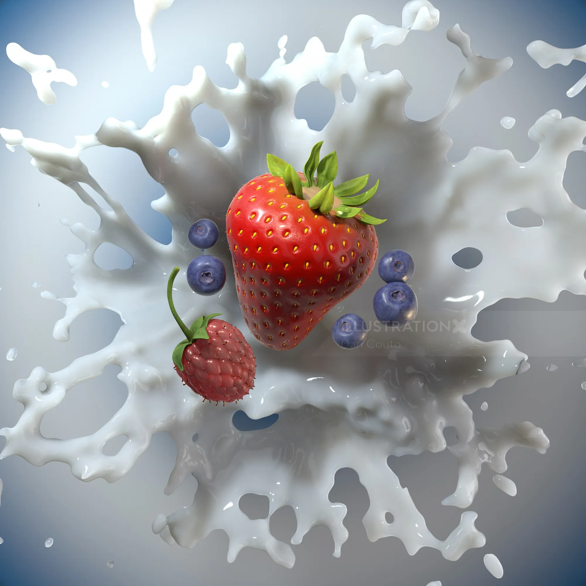 Strawberry, raspberry, and blueberries splashing into milk