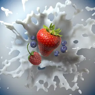 Strawberry, raspberry, and blueberries splashing into milk