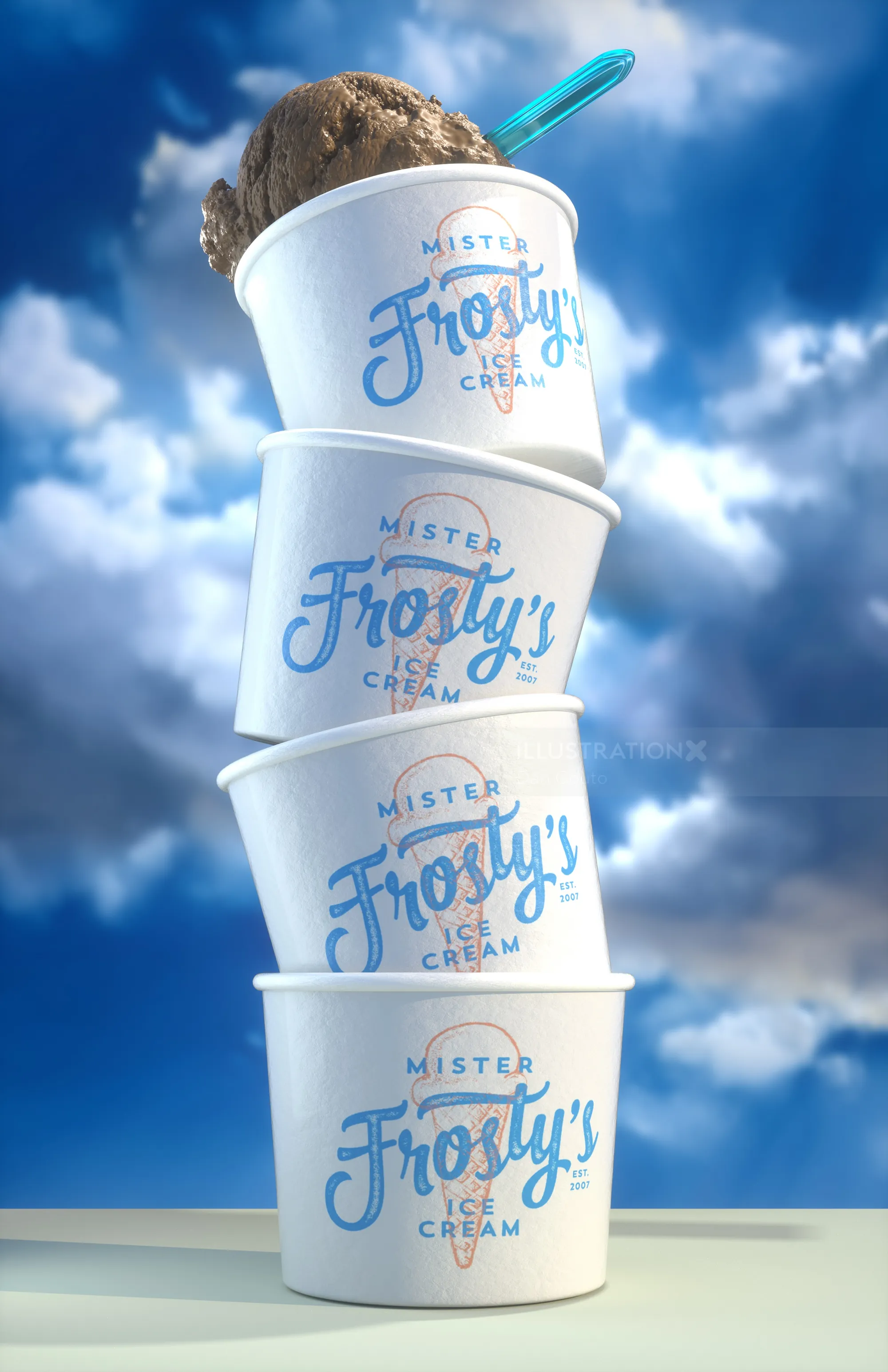 Stapel von Mister Frosty's Eisbechern mit Schokoladenkugel, von Dan Couto