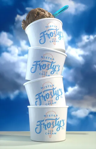 Stack of Mister Frosty's ice cream cups with chocolate scoop, by Dan Couto