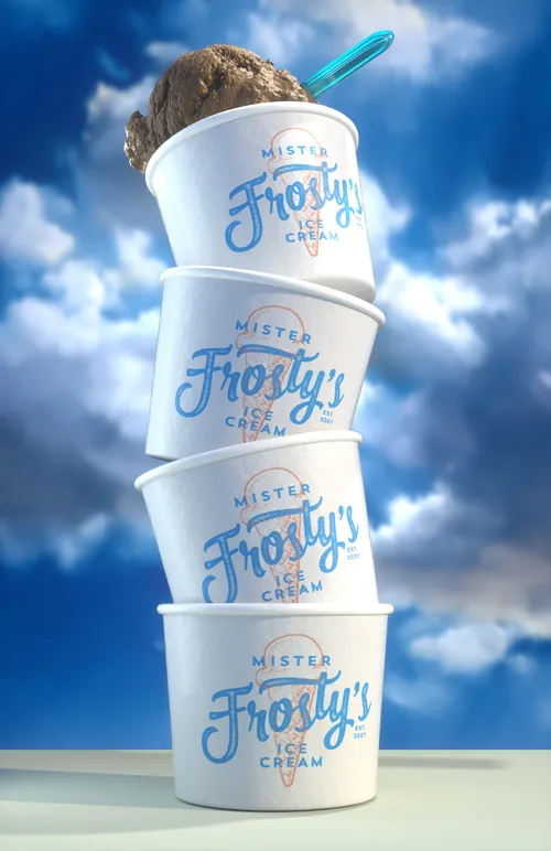 Stack of Mister Frosty's ice cream cups with chocolate scoop, by Dan Couto