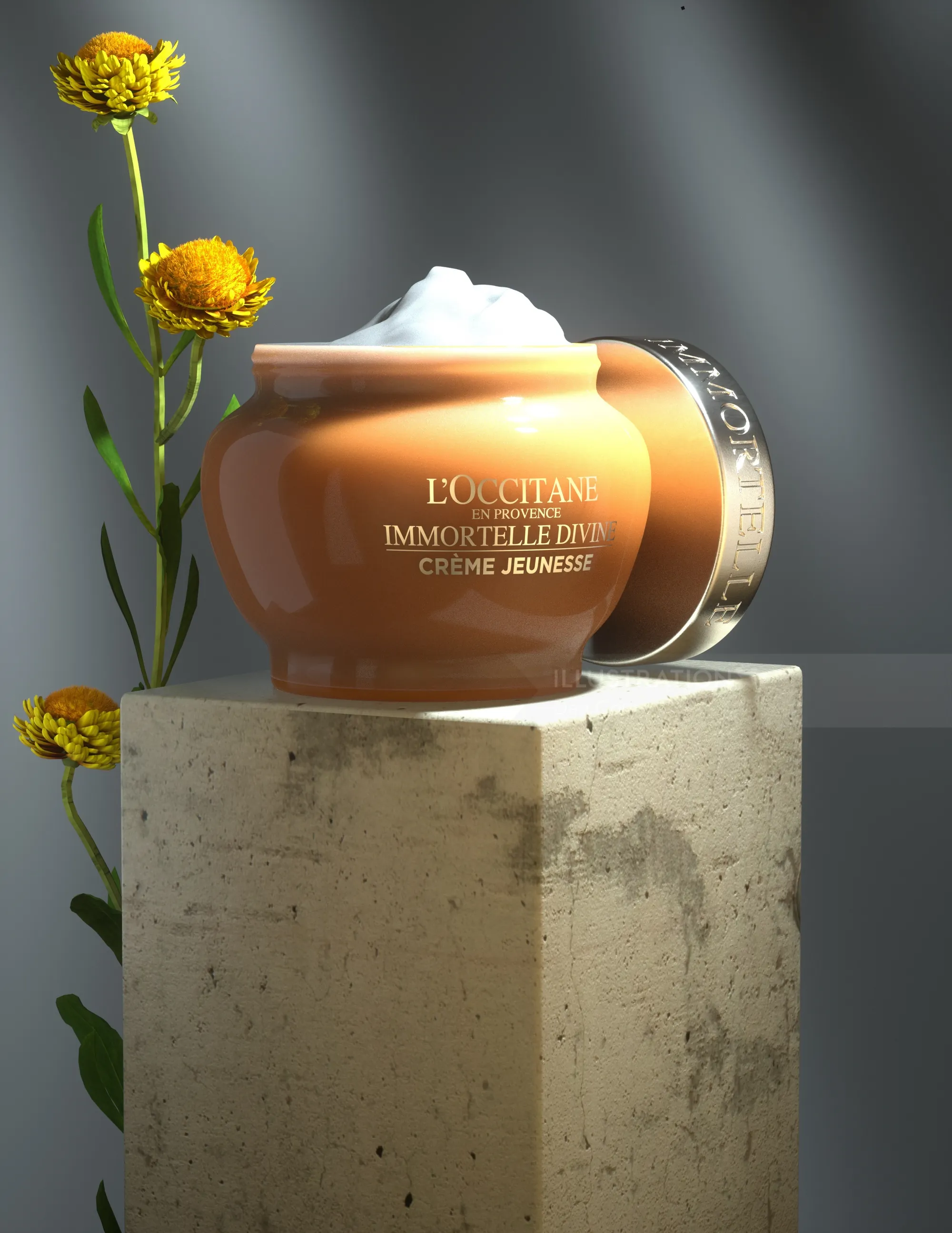 Jar of Immortelle face cream with yellow flowers by Dan Couto