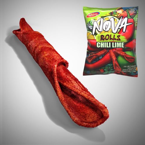 3D rendered Nova Rolls Chili Lime chip and packaging by Dan Couto
