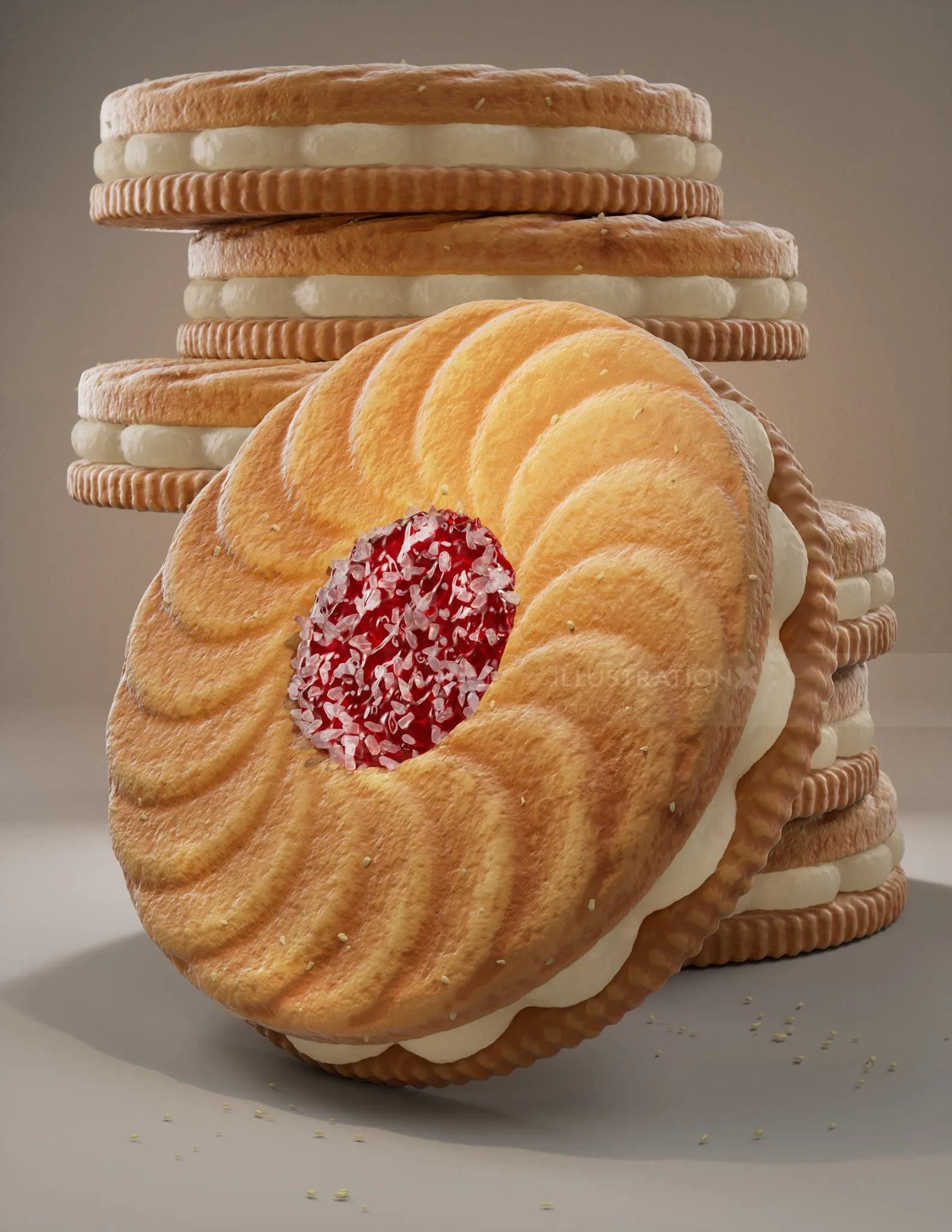 Dan Couto ilustração de biscoitos sanduíche de framboesa empilhados