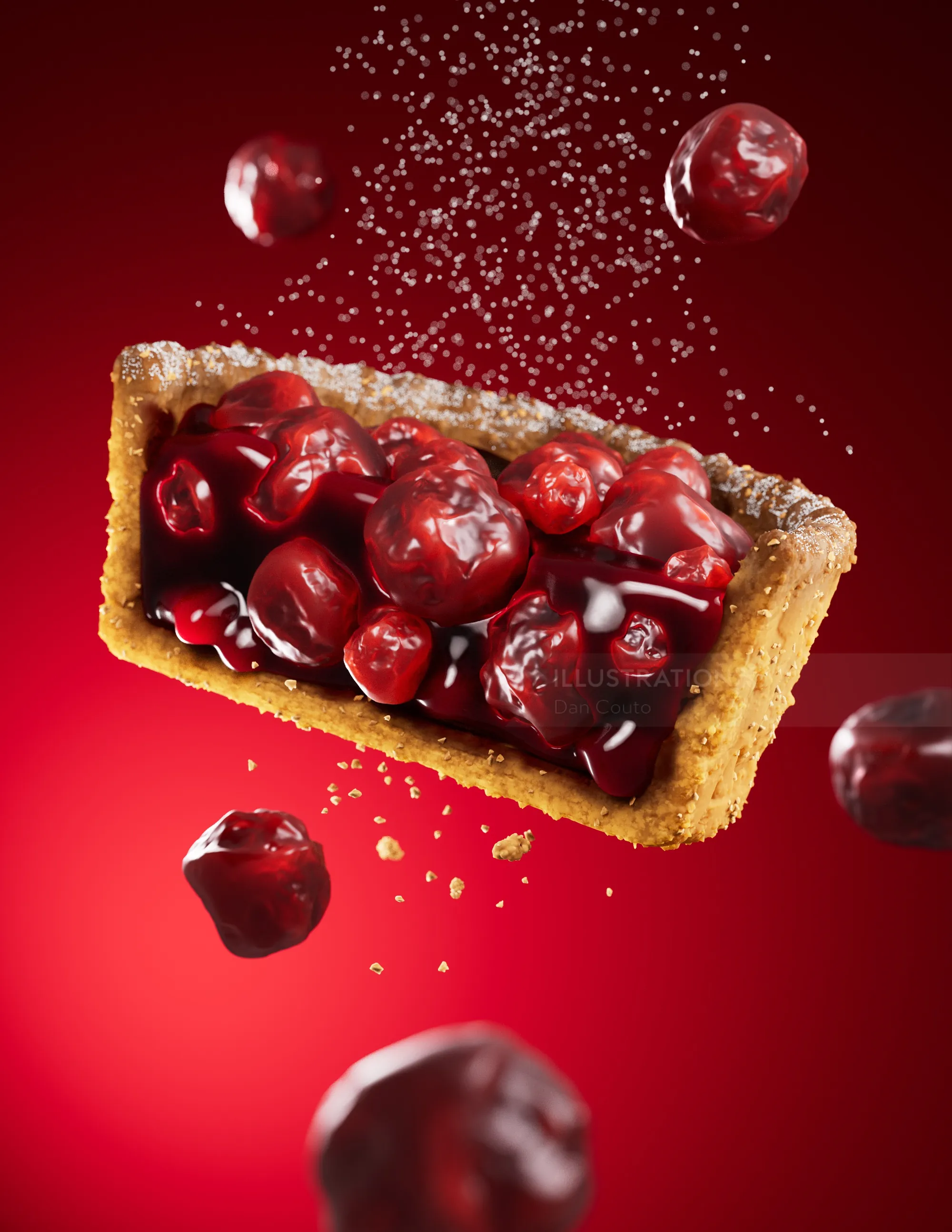 Tarte aux cerises avec des cerises flottantes et des miettes sur fond rouge, par Dan Couto