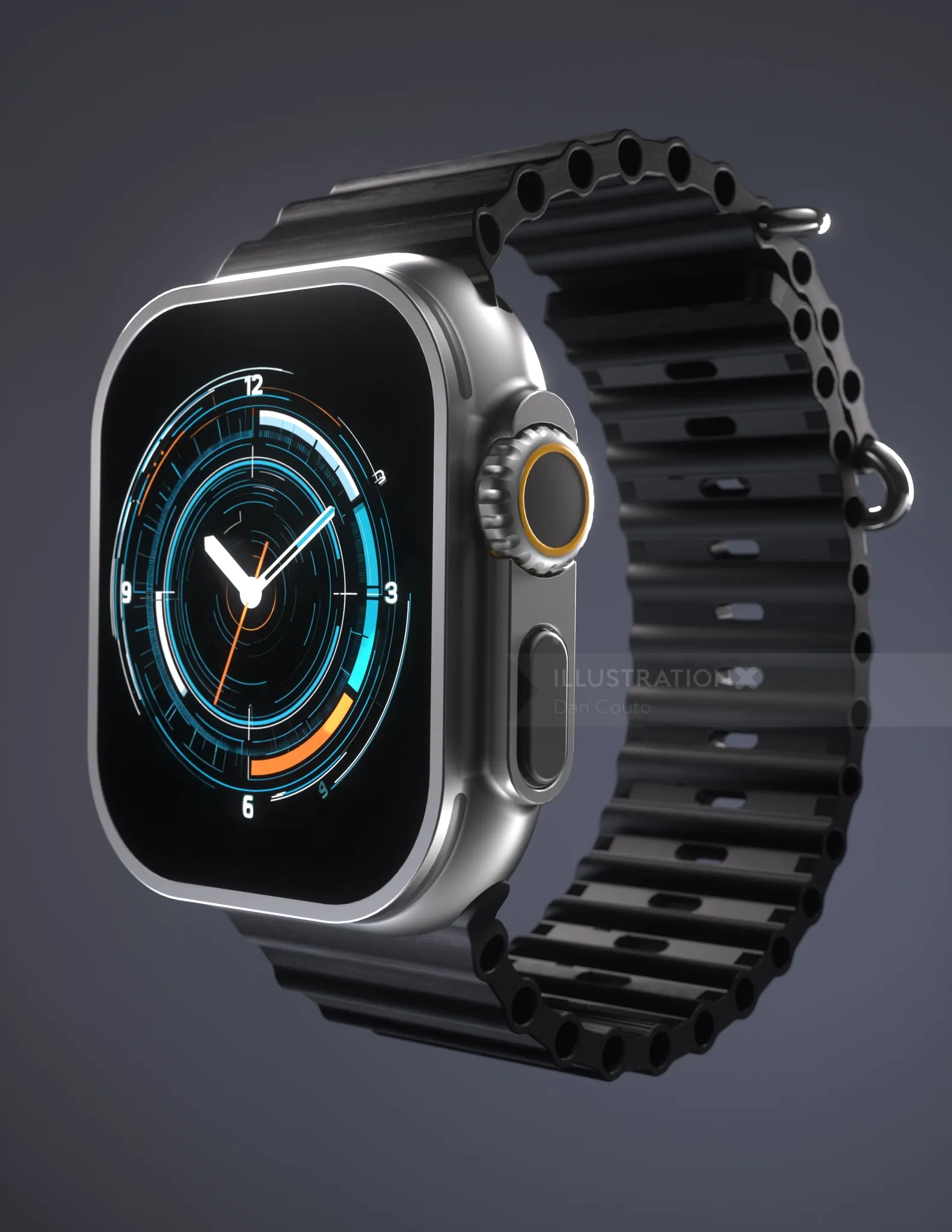 Rugged black smartwatch with compass display, illustrated by Dan Couto