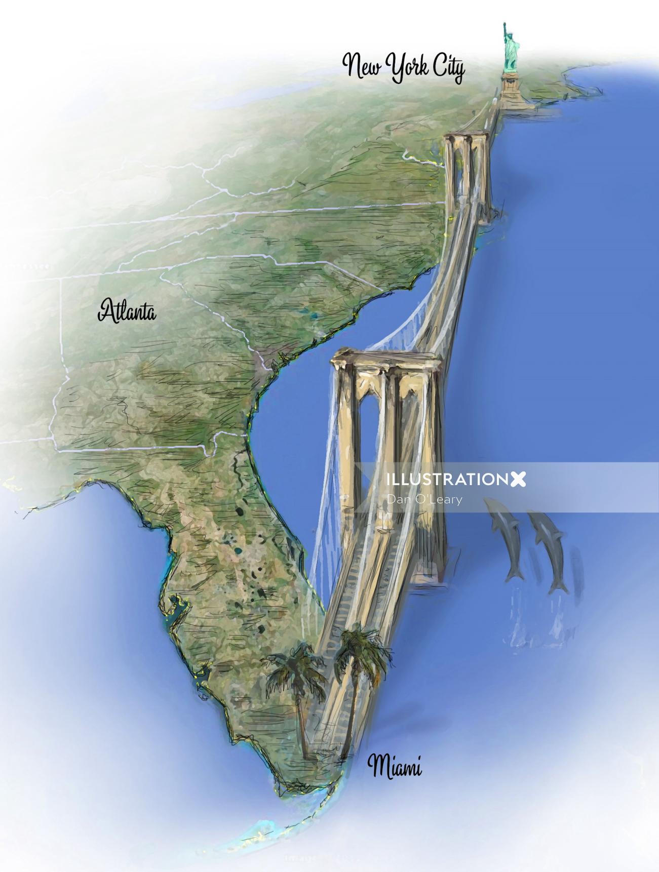 Mapa de Newyork para Miami Bridge