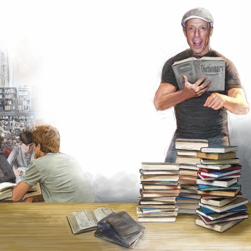 Photorealistic people in library with dictionary
