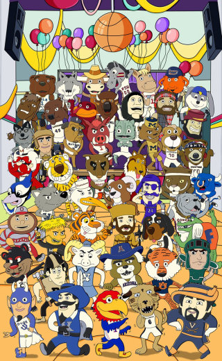 Ilustração de personagens de mascotes da NCAA