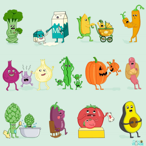 Cartoon illustration of vegetables and baby veggies