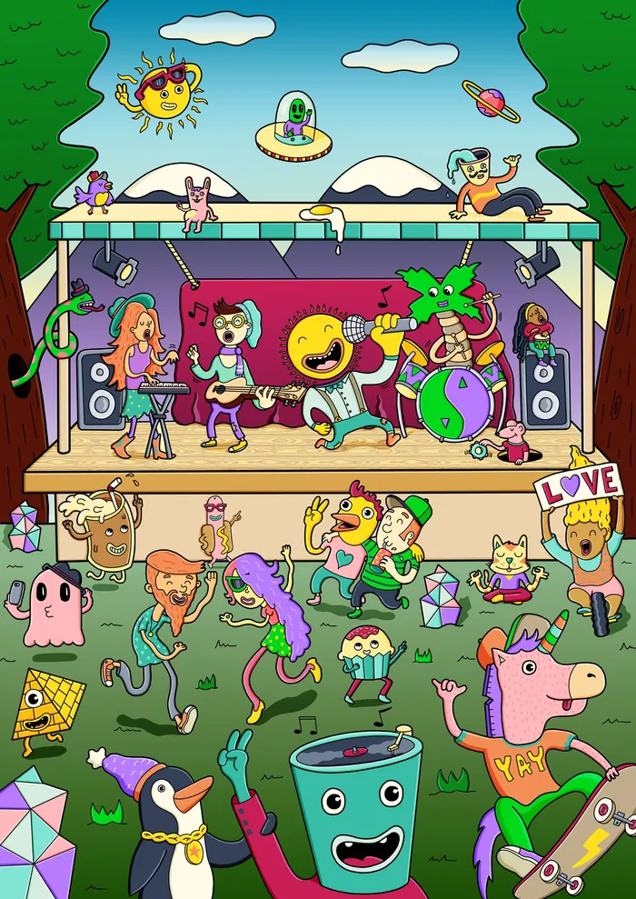 Whimsical cartoon band performing on stage by artist Daniel Sulzberg