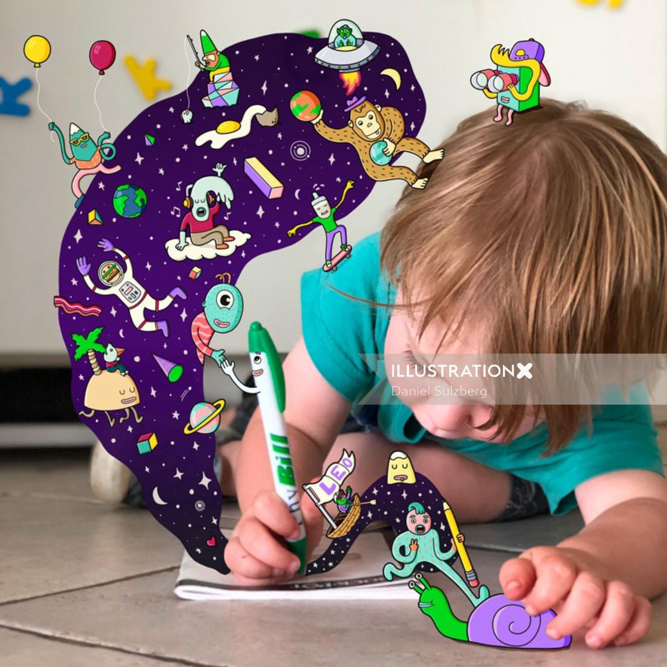 children baby with drawing book
