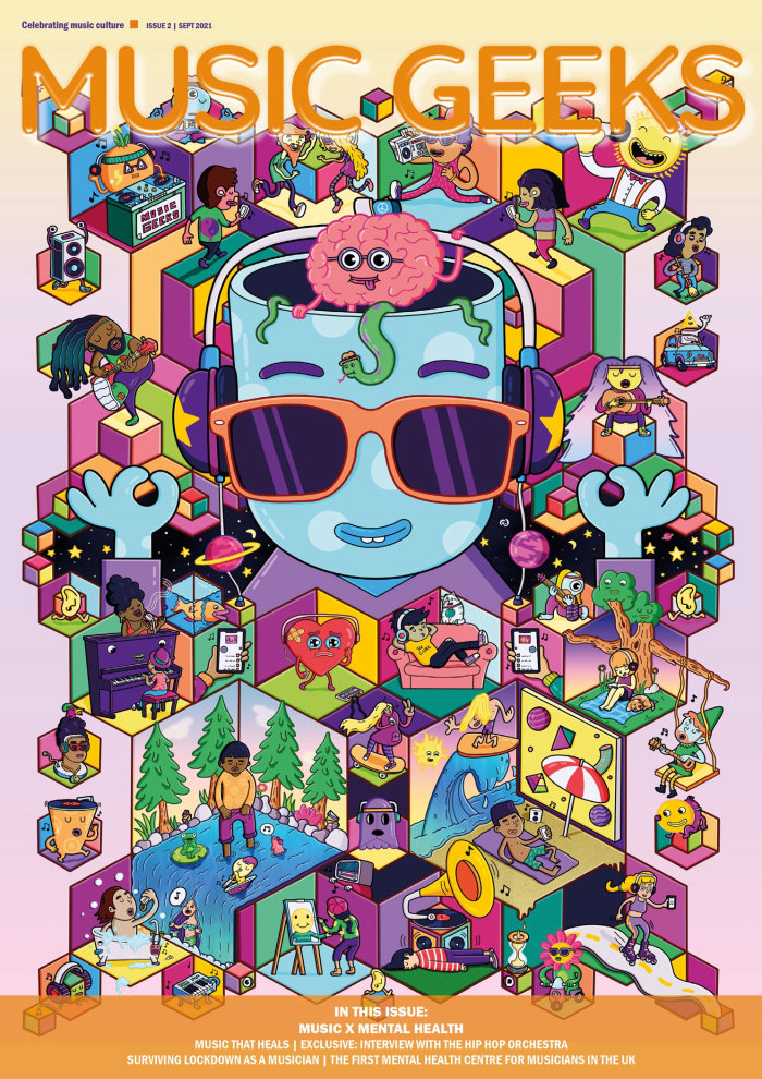 Cartoonish cover for Music Geeks Magazine