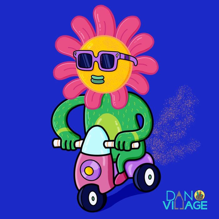 Personaje de dibujos animados de Sun montando un scooter
