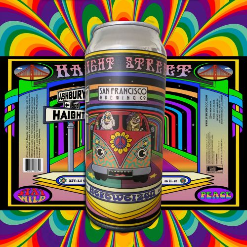 Psychedelic San Francisco Brewing Co. beer can with Haight Street signs and surfboards