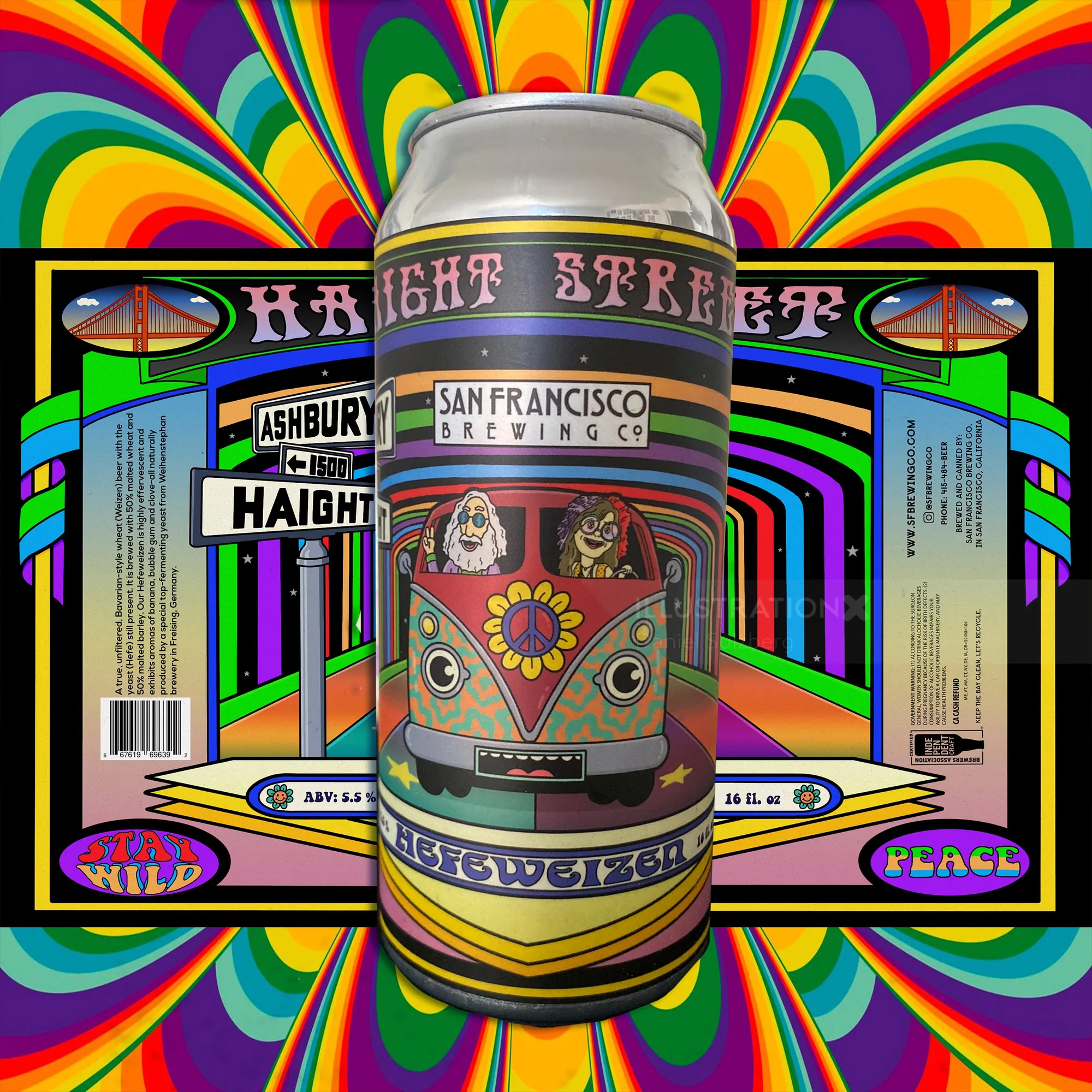 Psychedelic San Francisco Brewing Co. beer can with Haight Street signs and surfboards
