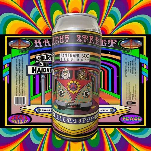 Psychedelic San Francisco Brewing Co. beer can with Haight Street signs and surfboards