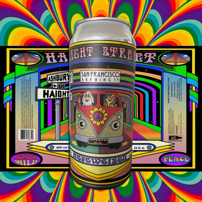 Psychedelic San Francisco Brewing Co. beer can with Haight Street signs and surfboards