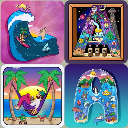 Psychedelic cartoon scenes inside letters Q, A, and H with vibrant colors