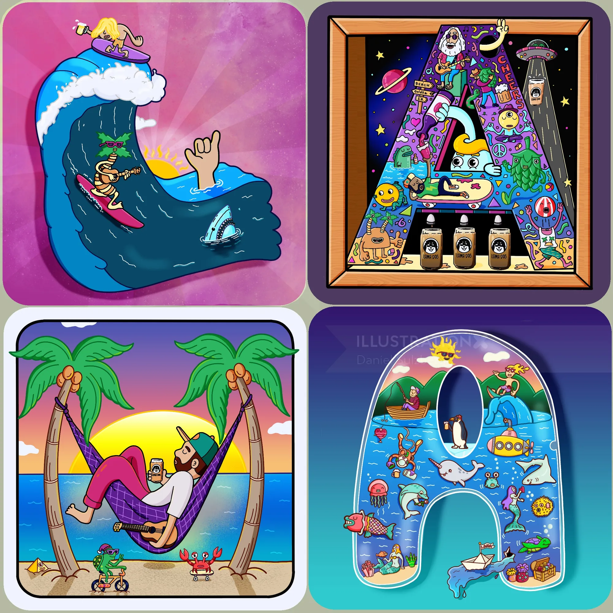 Psychedelic cartoon scenes inside letters Q, A, and H with vibrant colors