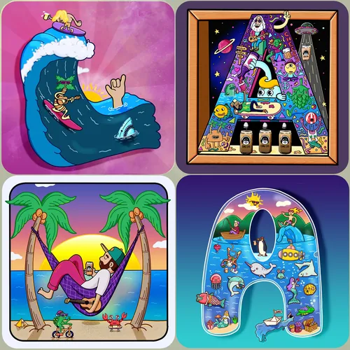 Psychedelic cartoon scenes inside letters Q, A, and H with vibrant colors