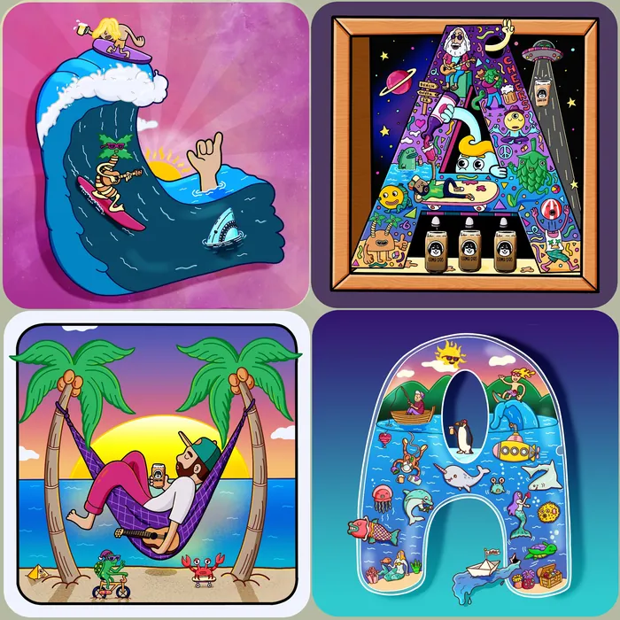 Psychedelic cartoon scenes inside letters Q, A, and H with vibrant colors