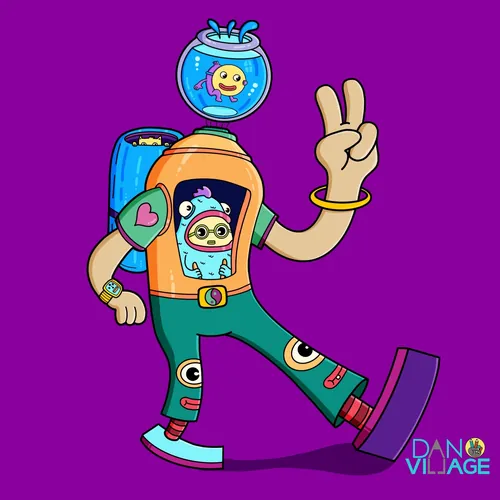 Cartoon astronaut with fishbowl helmet and peace sign on purple background