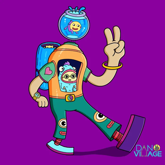 Cartoon astronaut with fishbowl helmet and peace sign on purple background