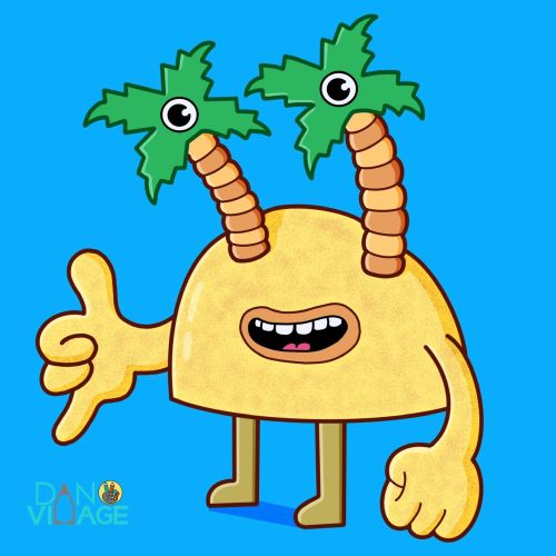 Yellow cartoon monster with palm tree eyes on blue background