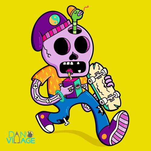 Cartoon skeleton wearing a hat and skateboard with a worm on head