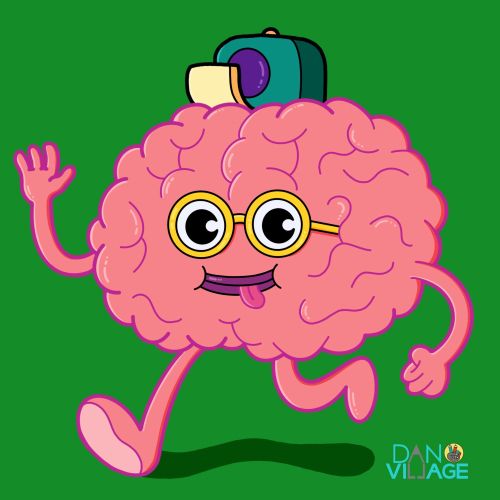 Playful cartoon brain with glasses and cap walking