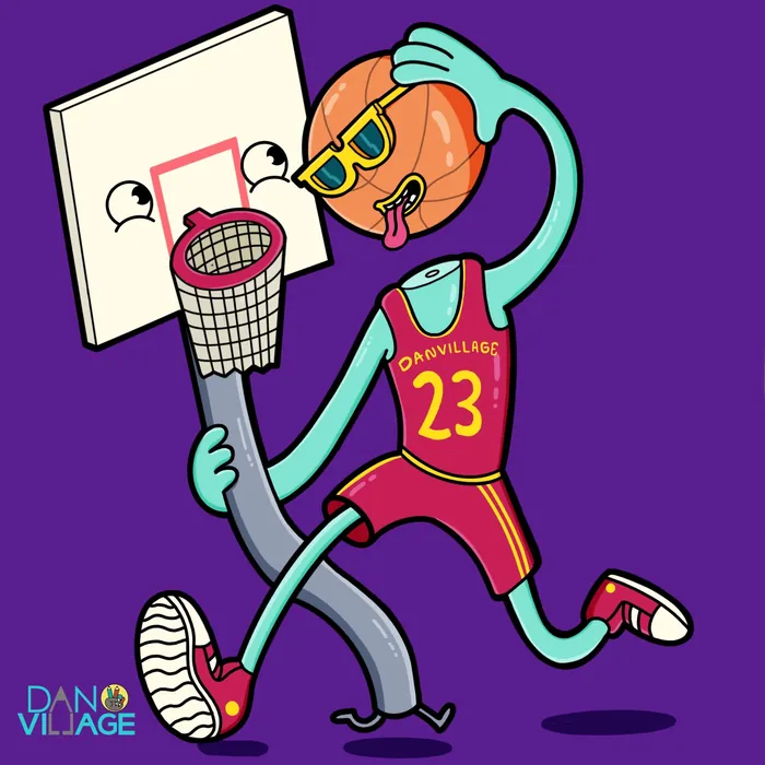 Cartoon basketball with arms and legs dunking on facial expression hoop