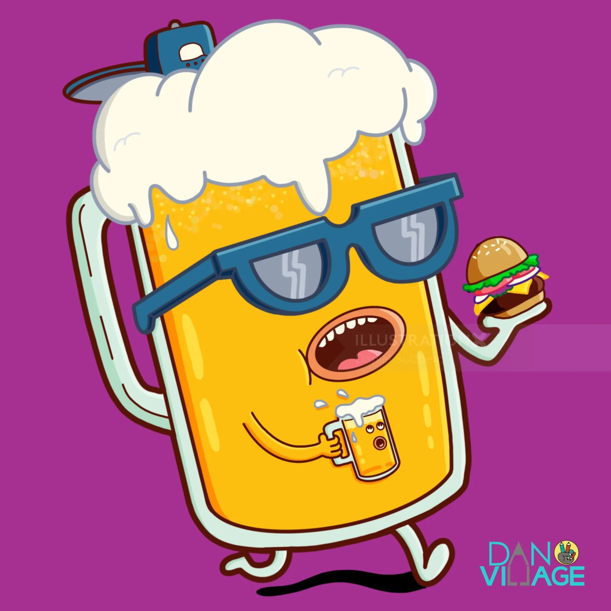 Animated beer mug with sunglasses holding a burger and a small beer