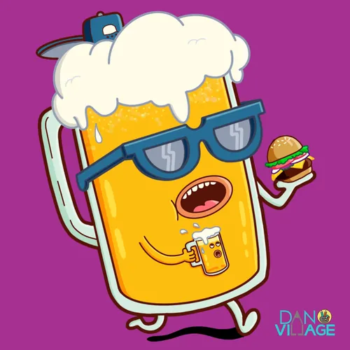 Animated beer mug with sunglasses holding a burger and a small beer