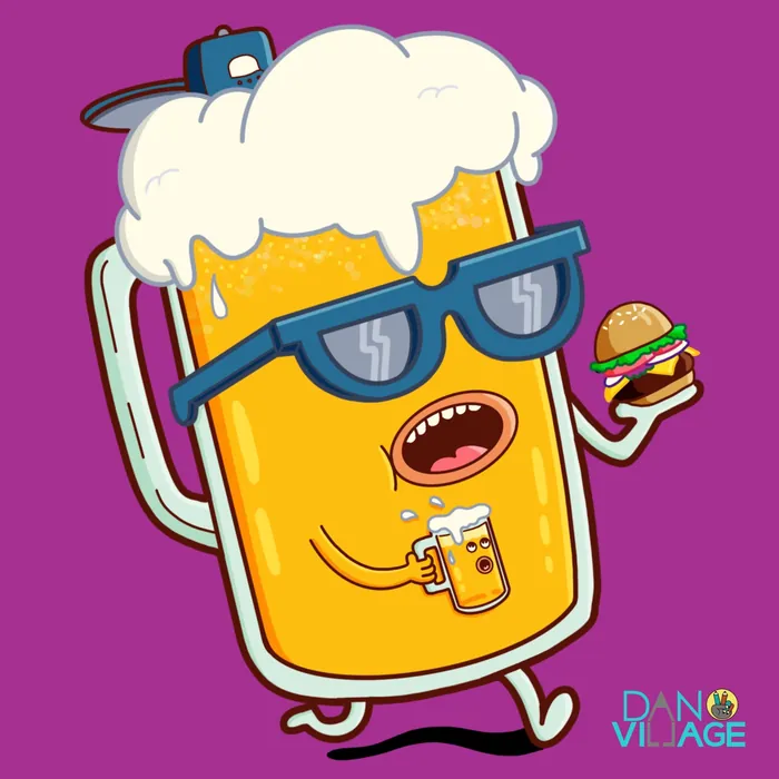 Animated beer mug with sunglasses holding a burger and a small beer