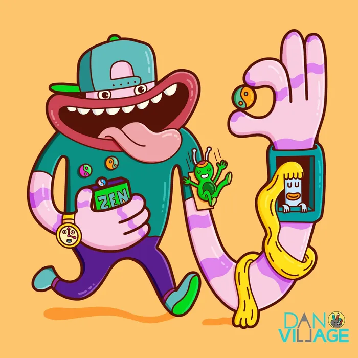 Cartoon character with large hand, green cap, and quirky expressions