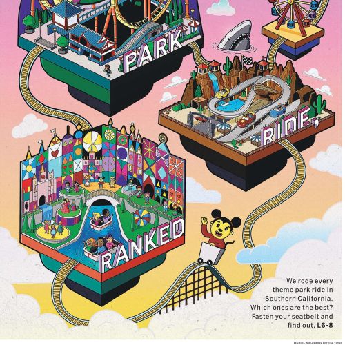Colorful cartoon map with amusement park and city landmarks