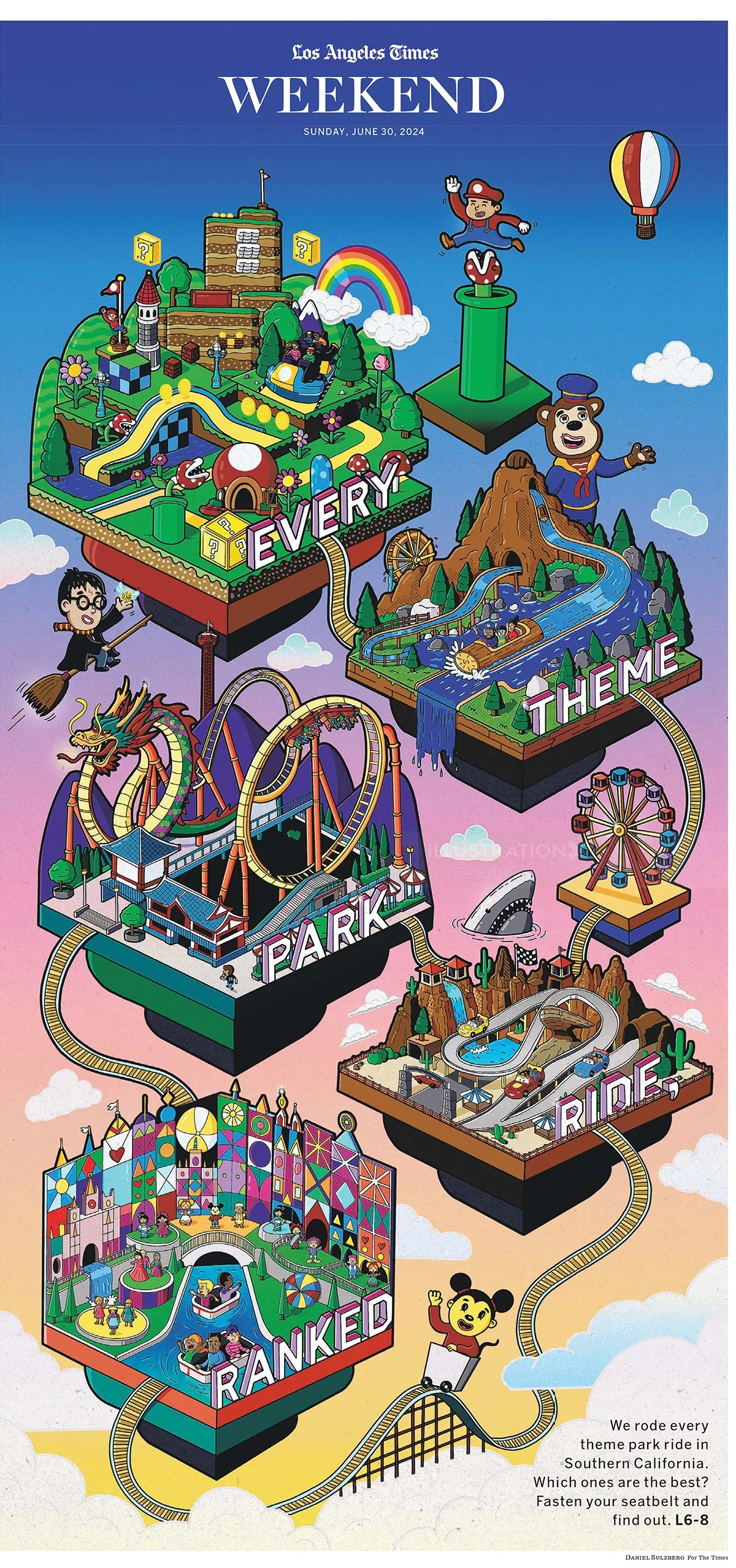 Colorful cartoon map with amusement park and city landmarks