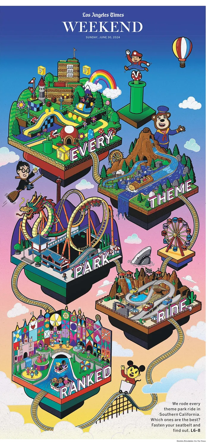 Colorful cartoon map with amusement park and city landmarks