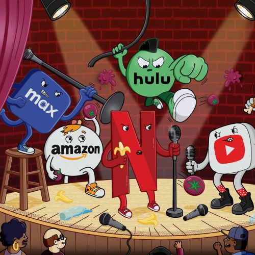 Streaming platform logos performing comedy on stage