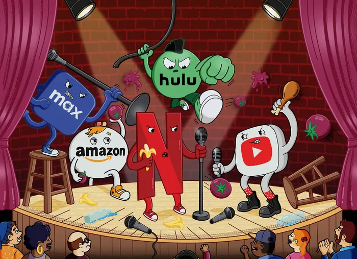 Streaming platform logos performing comedy on stage