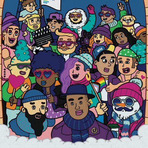 Colorful holiday illustration with diverse people and West Hollywood greeting.