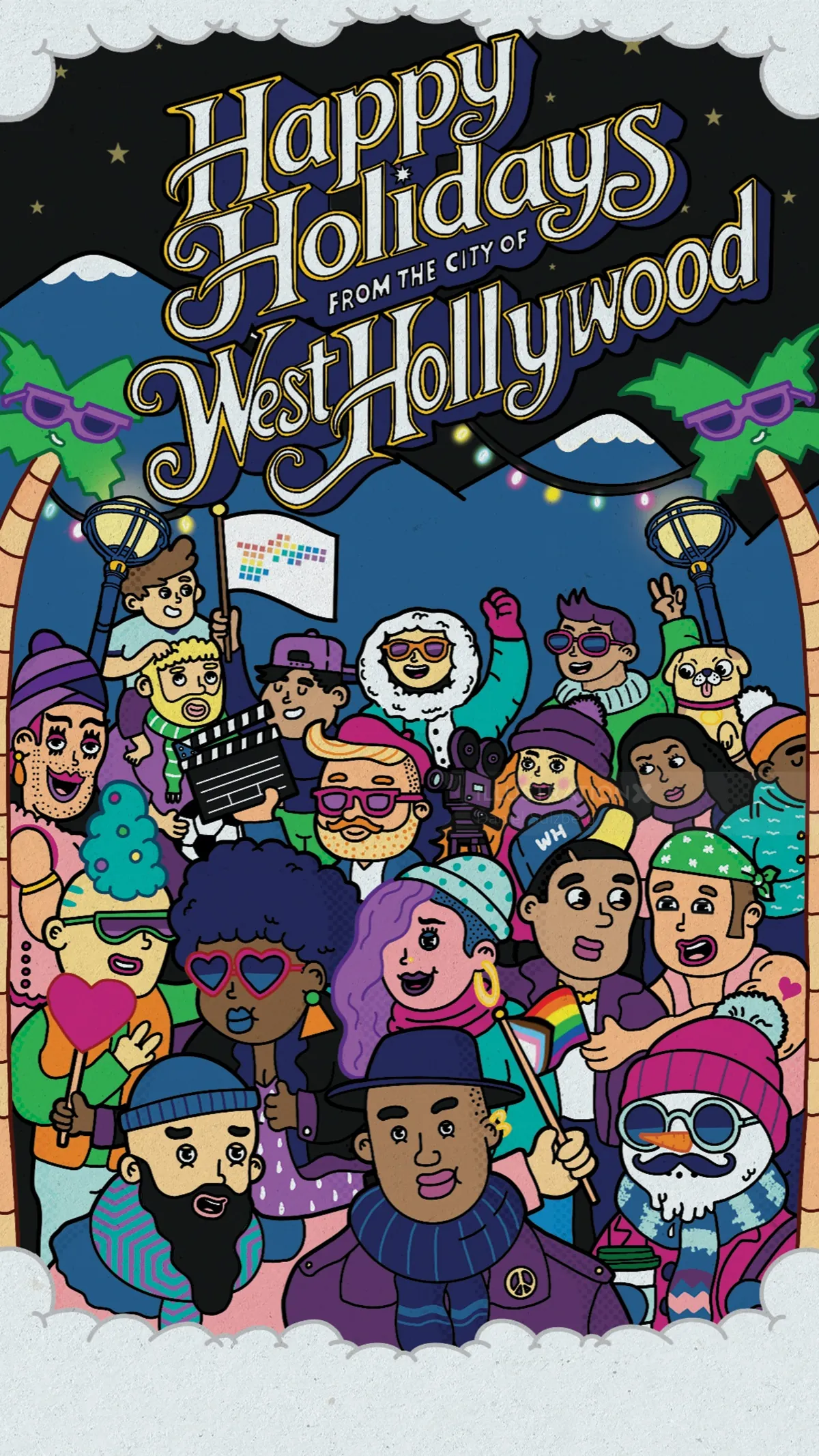 Colorful holiday illustration with diverse people and West Hollywood greeting.