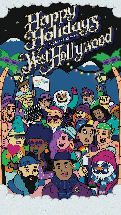 Colorful holiday illustration with diverse people and West Hollywood greeting.