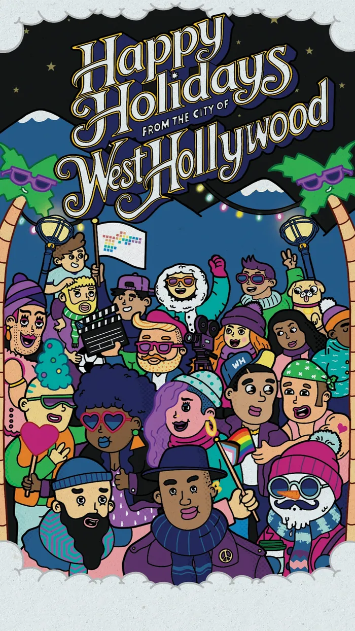 Colorful holiday illustration with diverse people and West Hollywood greeting.
