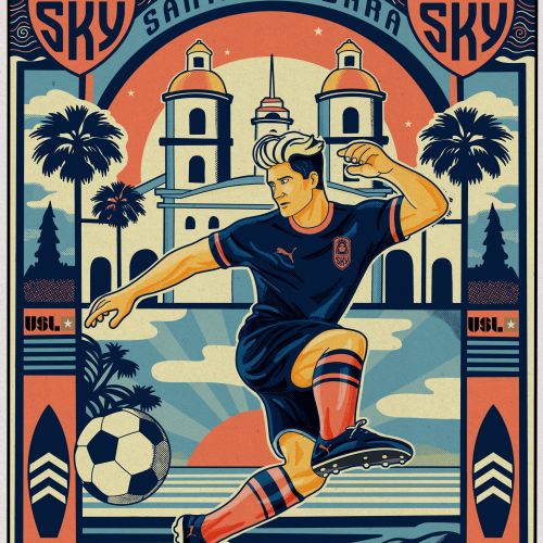 Illustration of a soccer player kicking ball with Santa Barbara background