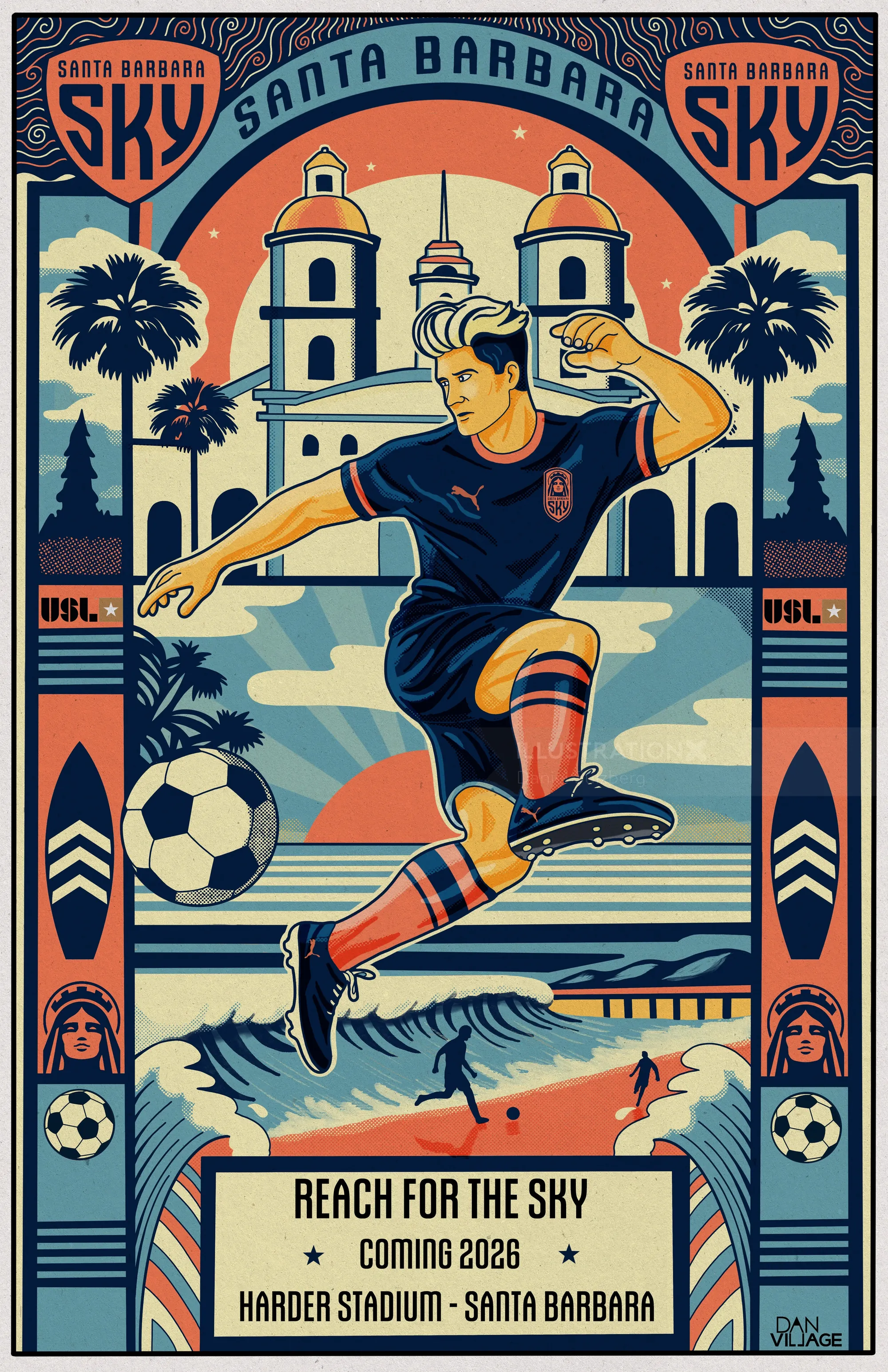 Illustration of a soccer player kicking ball with Santa Barbara background