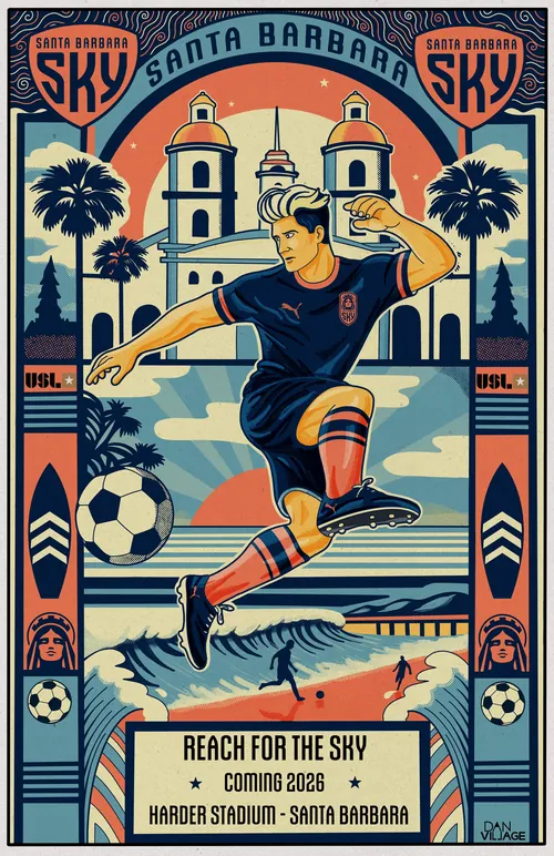 Illustration of a soccer player kicking ball with Santa Barbara background