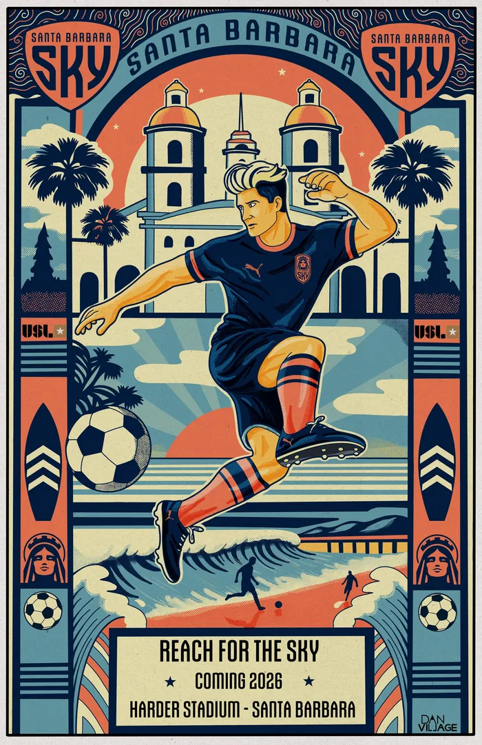 Illustration of a soccer player kicking ball with Santa Barbara background