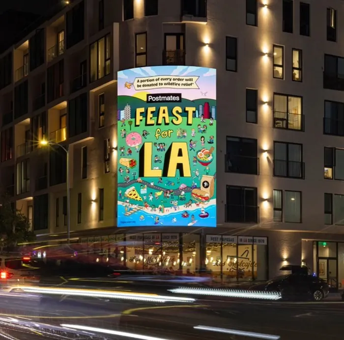 Postmates Feast for LA colorful mural on building at night